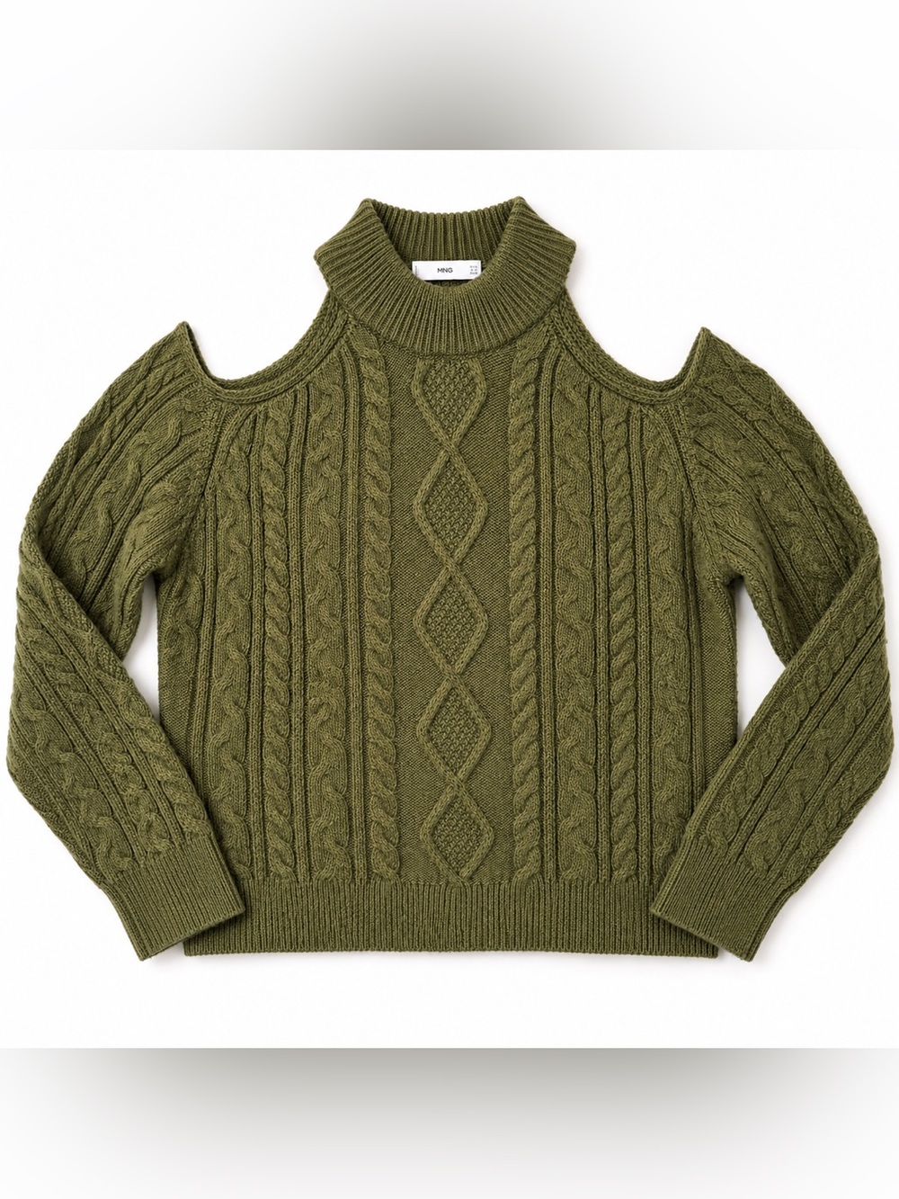 MNG Mango Olive Green Cable Knit Cold Shoulder Sweater Cozy Cabincore Apres Ski